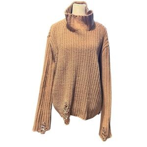POL Free To Choose Tan Chenille Distressed Oversized Pullover Sweater EC Sz M